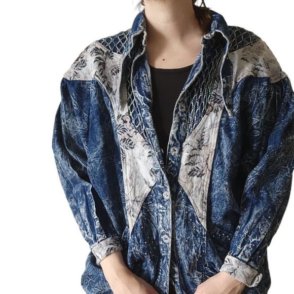 Vintage Jackets & Blazers - Vintage J Carreli Mixed Media Denim Acid Wash Jacket